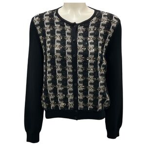 OSCAR DE LA RENTA BLACK 2019 SEQUINED MERINO WOOL KNIT CARDIGAN SWEATER